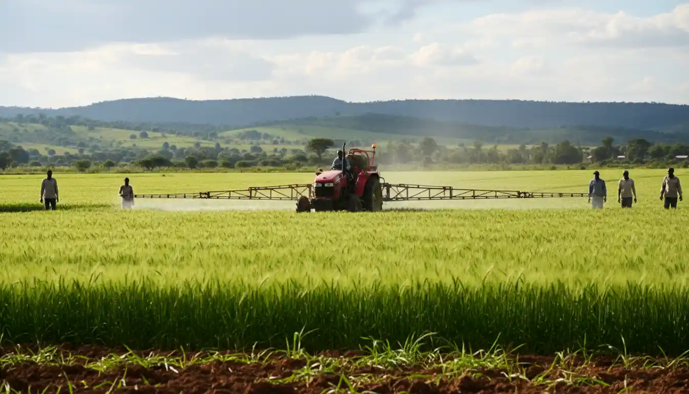 A wide-angle shot of a tractor spraying a lush green barley field in Mau Narok