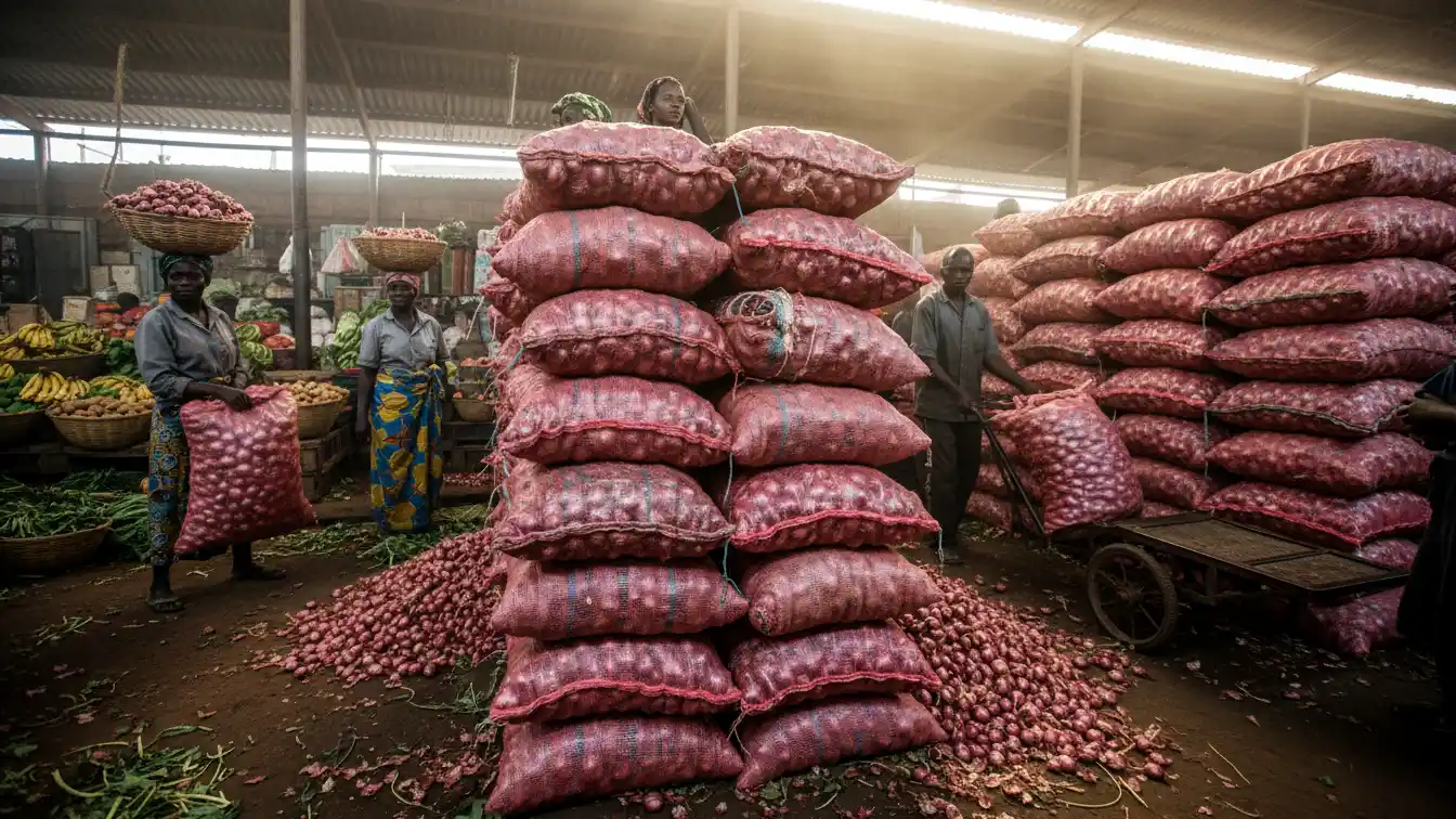 Sacks of red bulb onions stacked high for sale at the Wakili Market in Nairobi