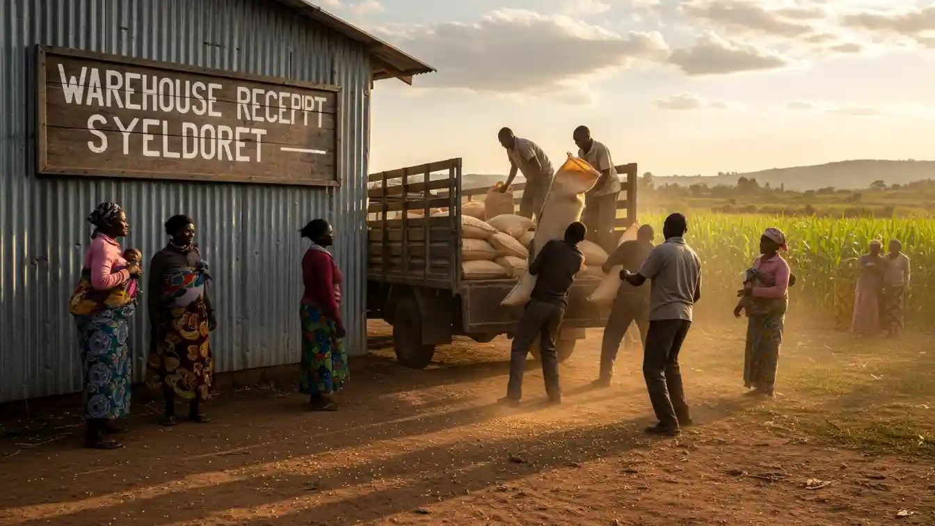 Farmers loading 90kg bags of maize onto a truck at a community collection center with a Warehouse Receipt System sign visible