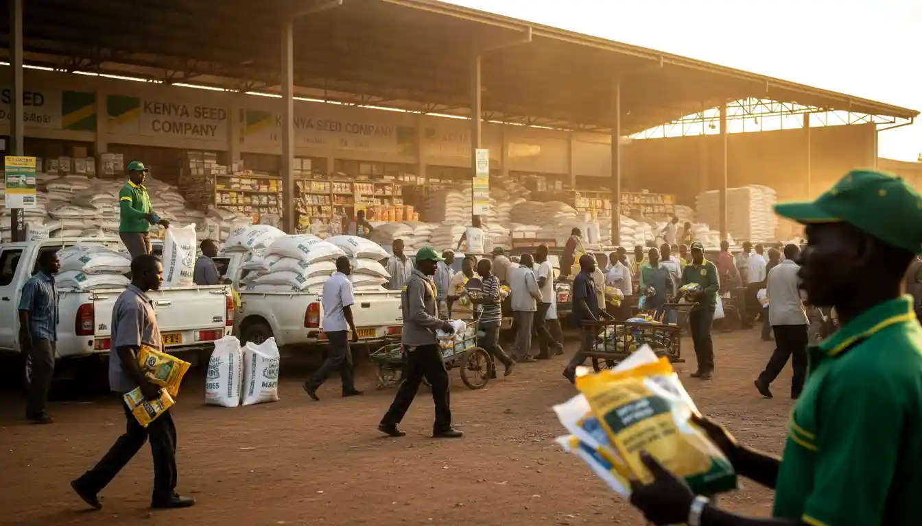 A bustling outdoor agricultural  distribution center in Kenya, affiliated with the 'Kenya Seed Company,