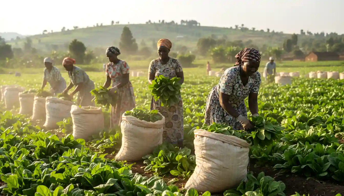 Women harvesting large spinach leaves into 90kg sacks on a sunny morning