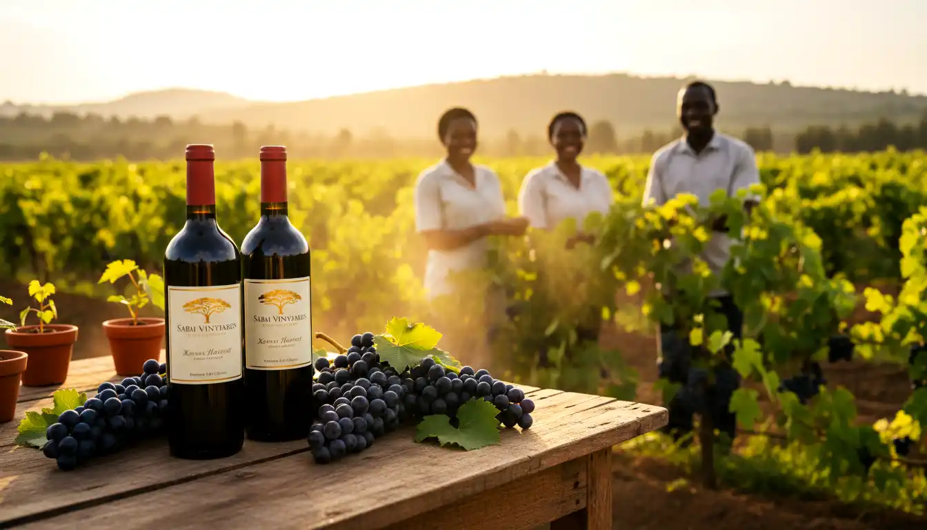 Grape Farming in Kenya 2026: Best Varieties (Red, Green and Black), Health Benefits and Beginner’s Growing Guide 6 Bottles of locally produced Kenyan red wine labeled with a vineyard logo