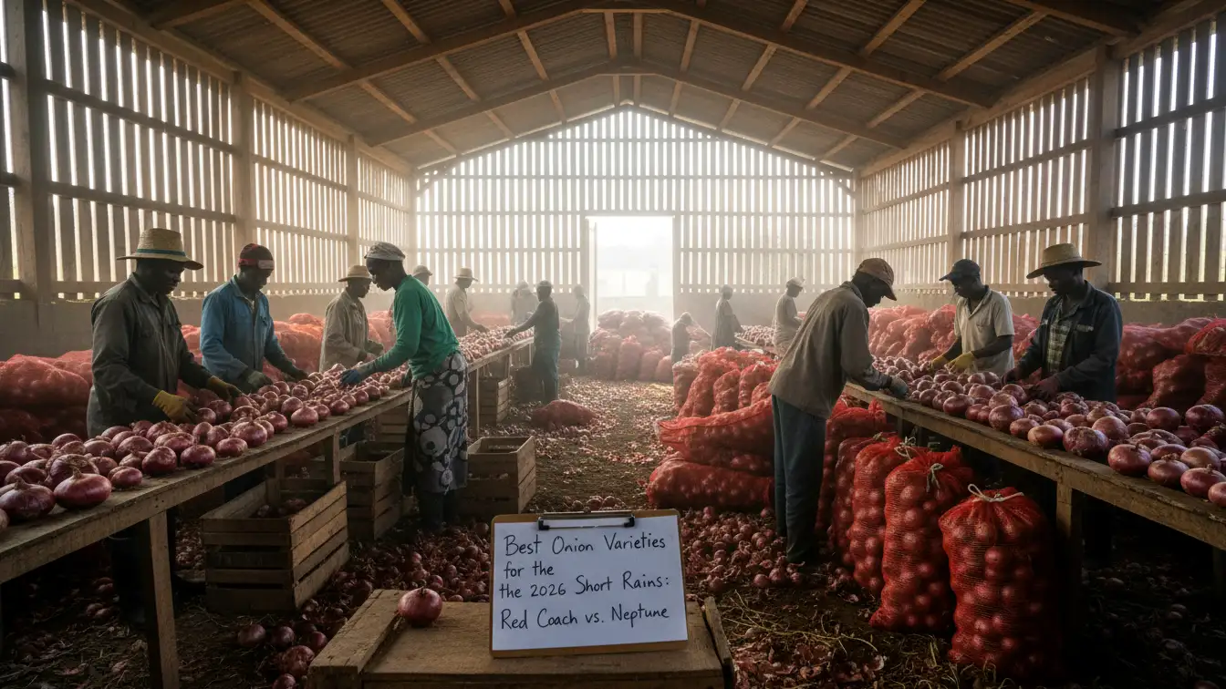Workers sorting and grading cured onions into red net bags inside a ventilated wooden storage structure in Naivasha