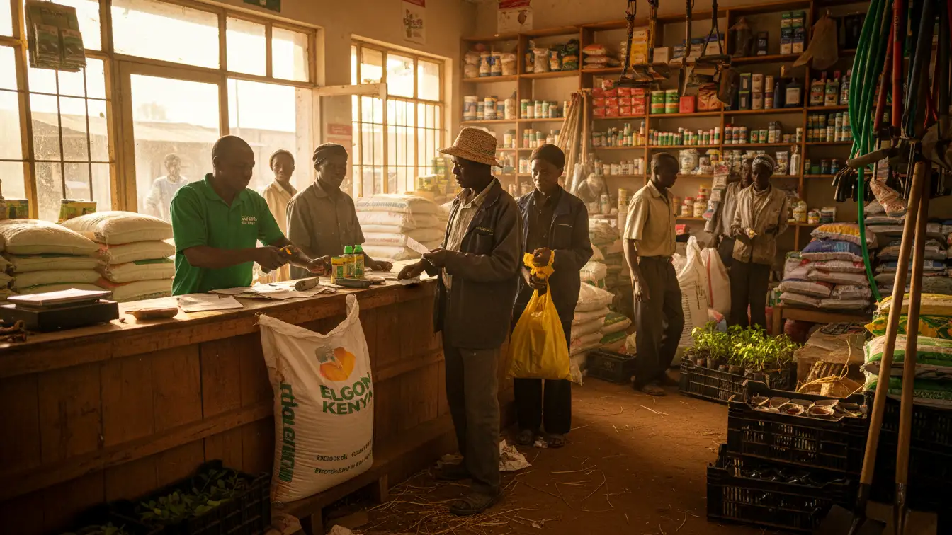 A store attendant scanning a bag of fertilizer for a customer at a busy Elgon Kenya counter in Nairobi