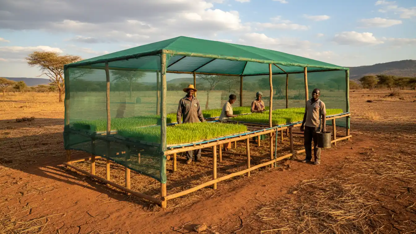 A simple wooden hydroponic fodder structure covered in shade netting situated in the dry landscape of Machakos County