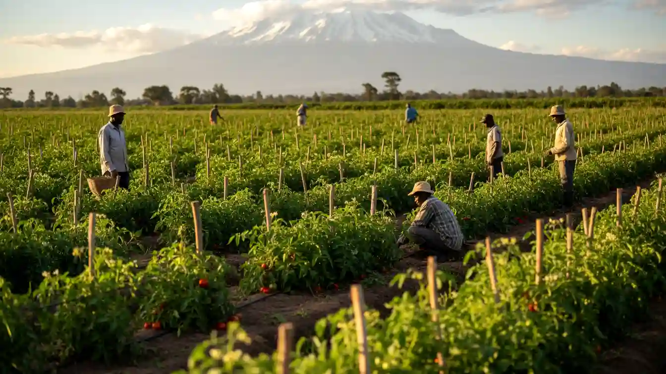 Wide angle shot of a lush green open-field tomato plantation with Mount Kenya visible in the background in Kirinyaga County.
