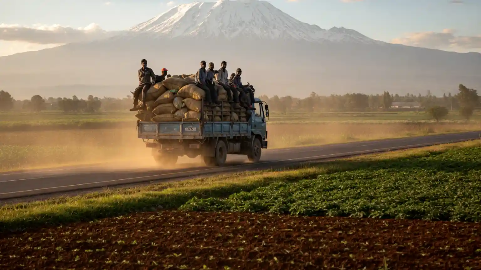 Top 5 Agriculture insurance companies in Kenya 2026: Madison vs. CIC vs. Co-op Bank. 6 A truck loaded with sacks of potatoes driving on a highway with Mt Kenya in the background