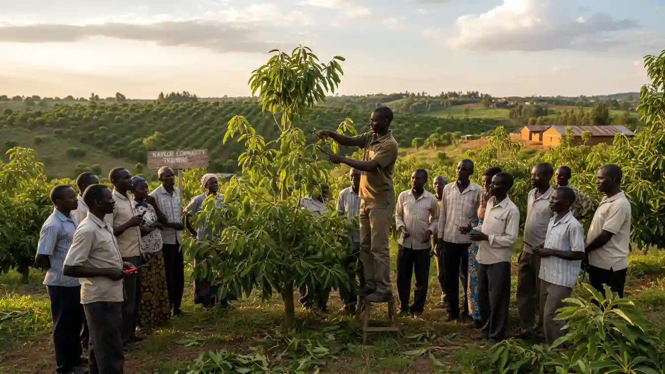 An agricultural officer teaching a group of smallholder farmers how to prune avocado trees at a Kakuzi community training session.