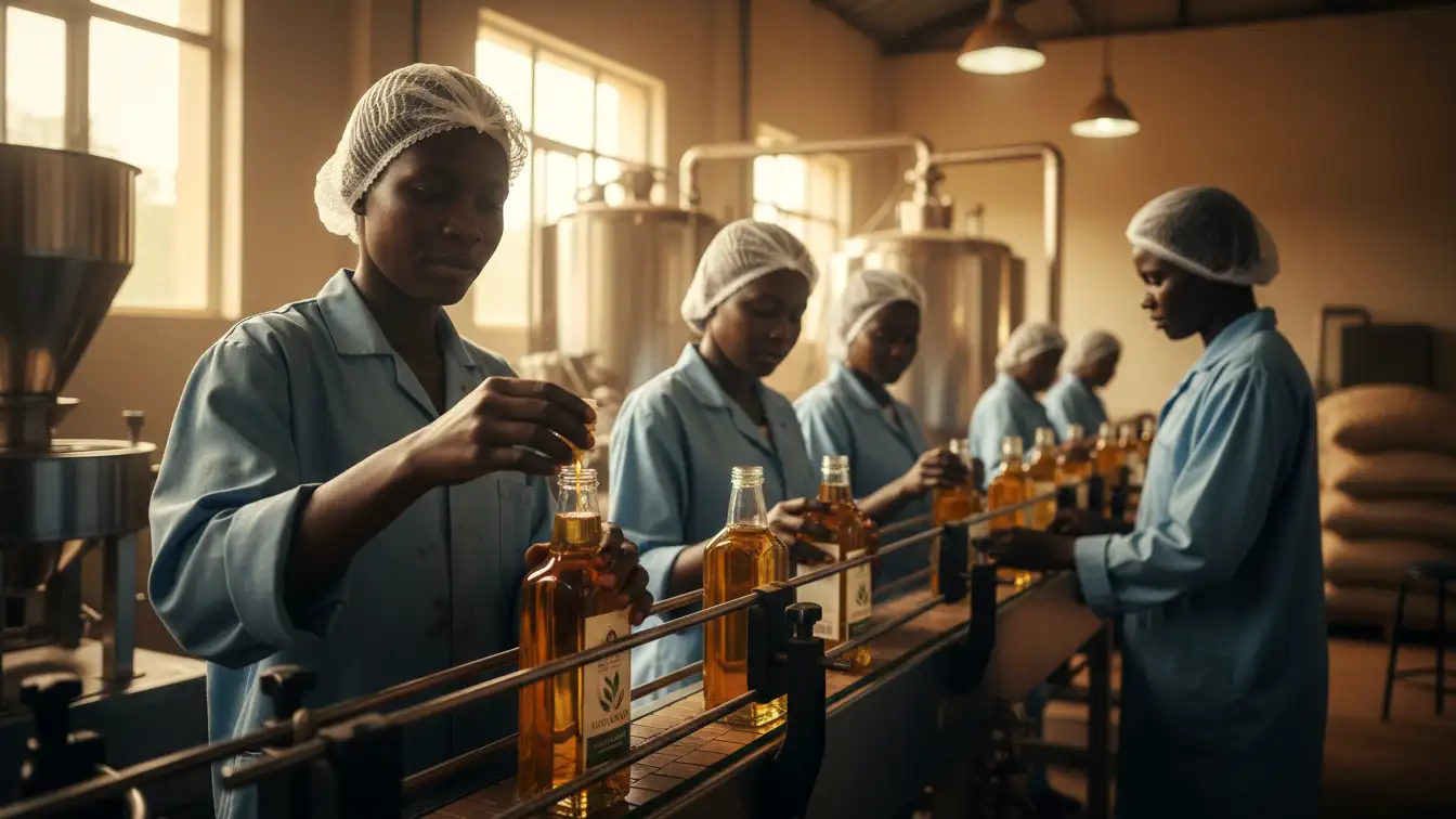 Factory workers bottling golden macadamia oil at the new processing plant in Makuyu