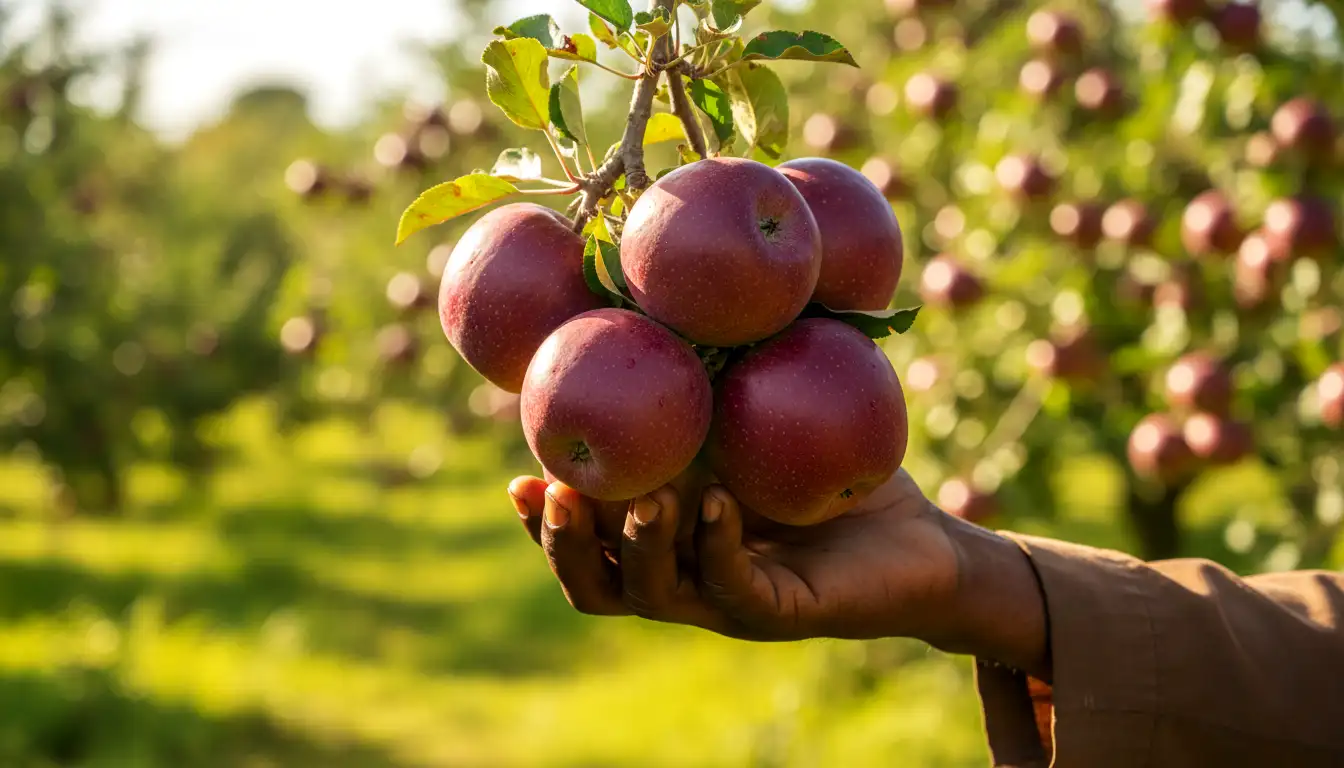 Close-up shot of a farmer's hand holding a cluster of ripe