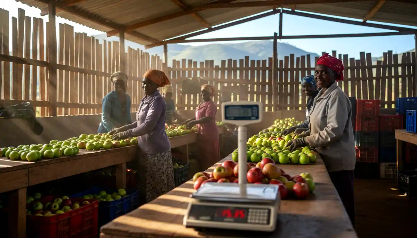 Women sorting and grading green and red apples into plastic crates inside a rustic packing shed
