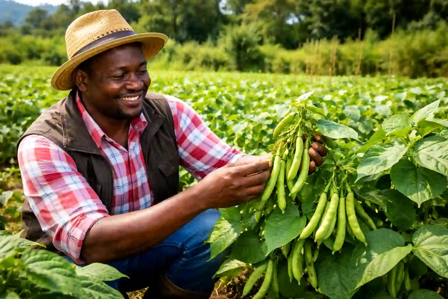 A smiling Black farmer, wearing a straw hat, plaid shirt, and a dark vest, crouches in a vibrant green field in Kenya, proudly holding up a cluster of freshly harvested green beans. The lush bean plants extend into the backgro