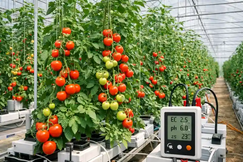 Precision tomato farming in a modern greenhouse using digital monitoring for nutrient and pH levels.