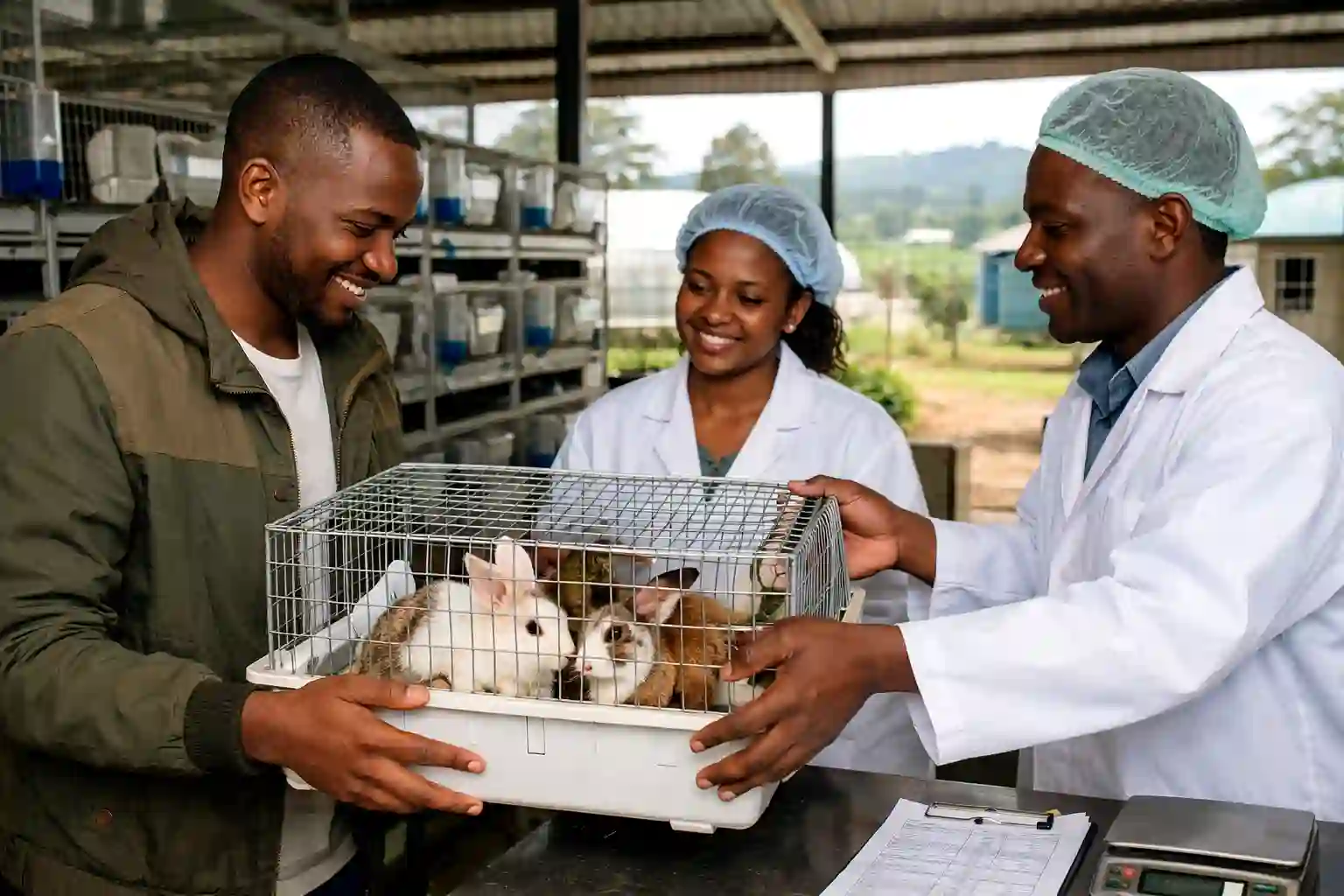 A young entrepreneur buying certified rabbit breeding stock from a modern agricultural research facility