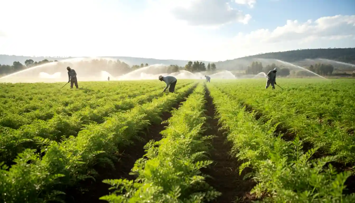 A wide-angle view of a green carrot field with overhead sprinklers irrigating the crop during a sunny afternoon in Njoro