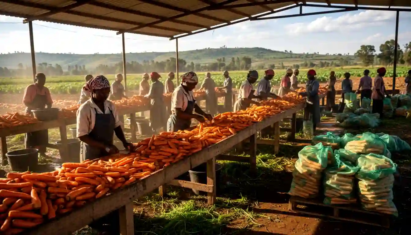 Workers washing and packing bright orange carrots into mesh bags at a collection center in Kinangop