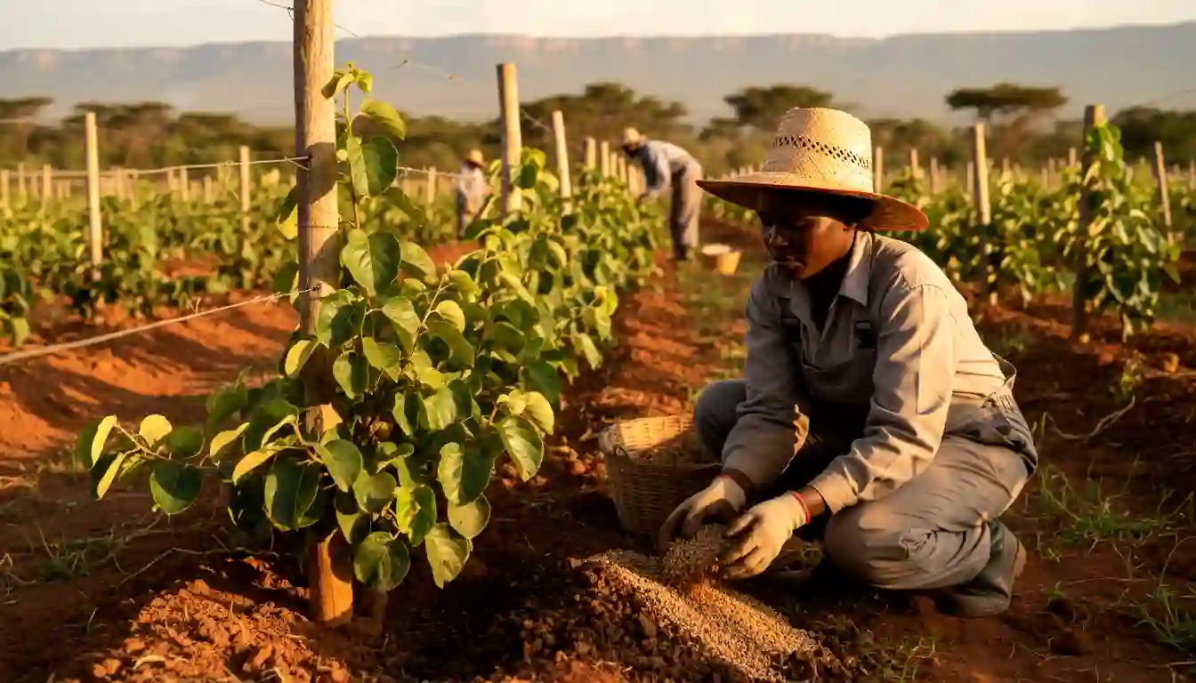 A farm worker applying organic compost and granulated fertilizer at the base of a young kiwi vine