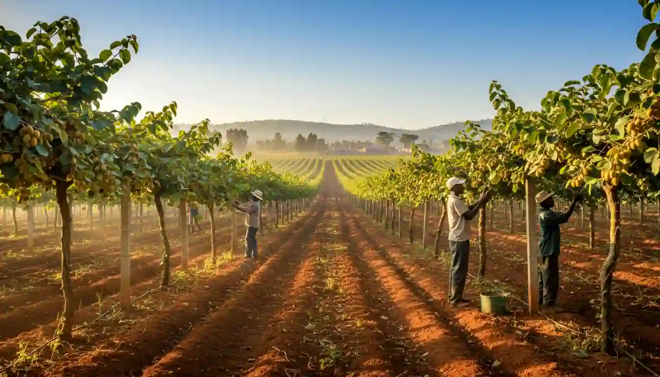 A panoramic view of an established kiwi fruit shamba showing perfectly aligned rows of climbing vines under clear skies