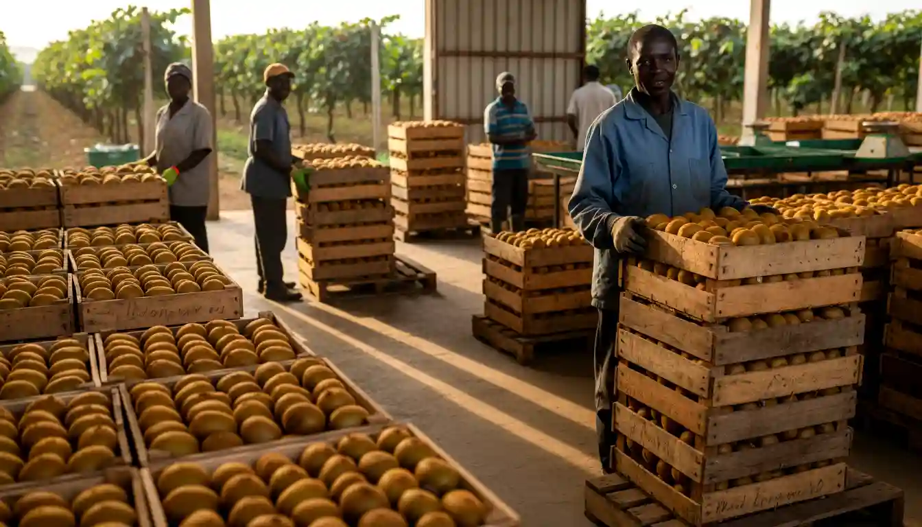 Freshly harvested kiwi fruits carefully arranged in branded wooden crates ready for local market transport