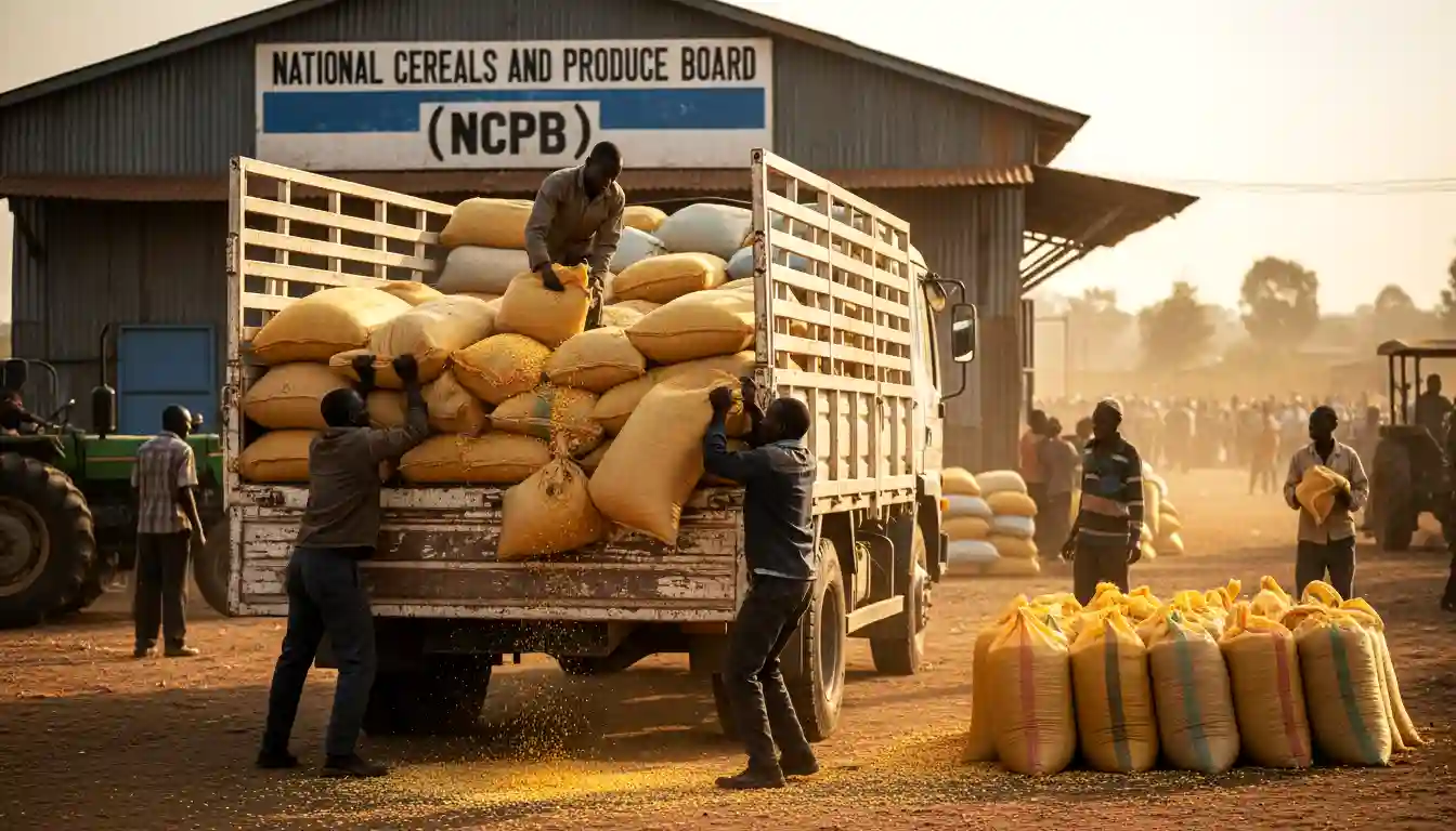 Workers loading 90kg bags of maize onto a white lorry at a busy collection center with an NCPB sign in the background