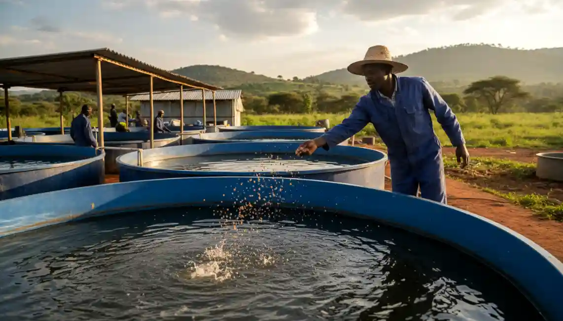 Fish Farming in Kenya 2026 (Pond vs Tank): Which Makes More Money? 4 A farmhand broadcasting floating pellets into a large circular plastic fish tank at an aquaculture facility in Kiambu