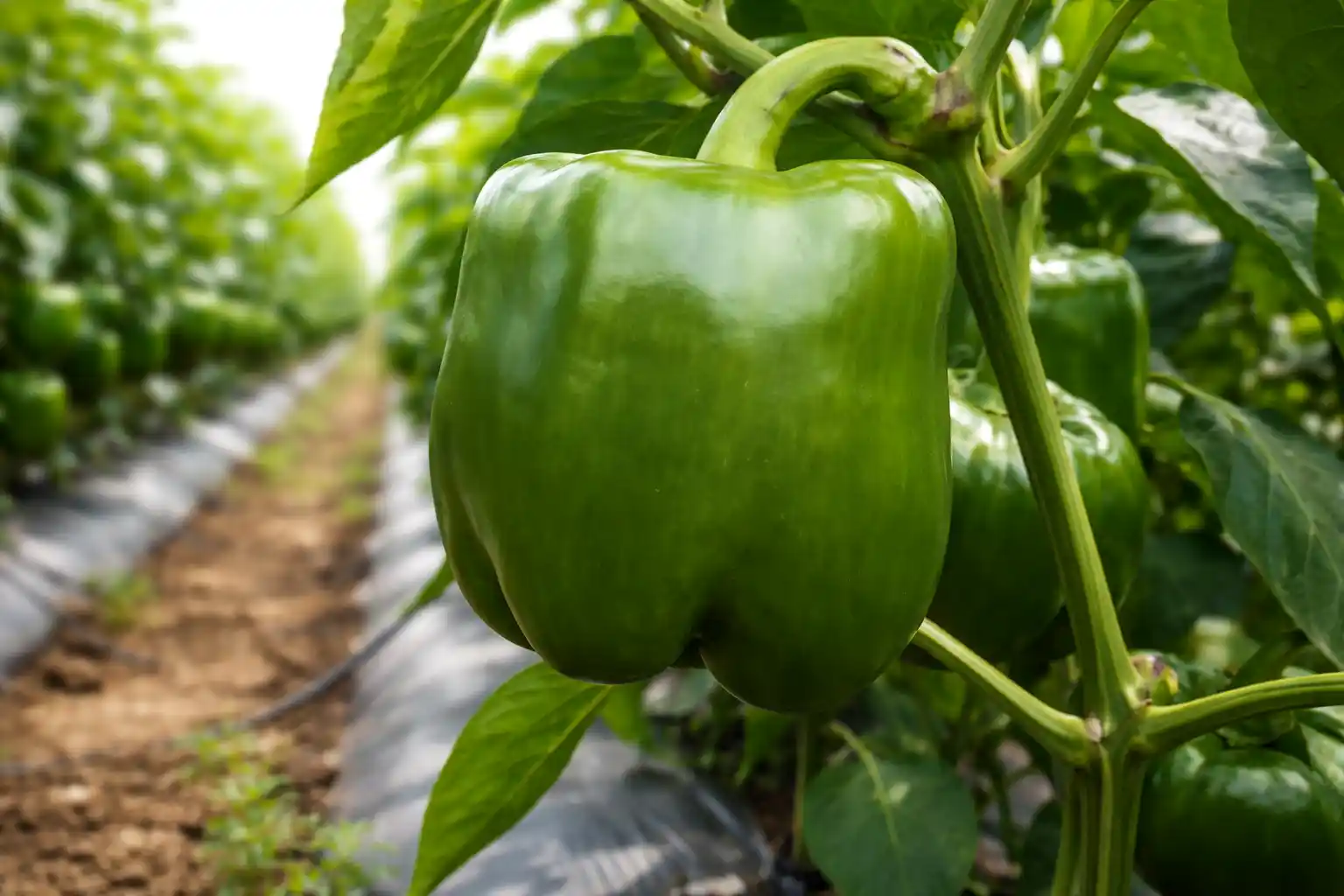 Healthy California Wonder green bell pepper growing on a farm, close-up view with lush green leaves, fertile soil, and organized crop rows in a bright 16:9 agricultural setting