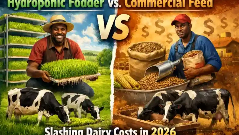 Infographic comparing hydroponic fodder versus commercial feed for dairy cows, illustrating potential cost savings for Kenyan farmers.