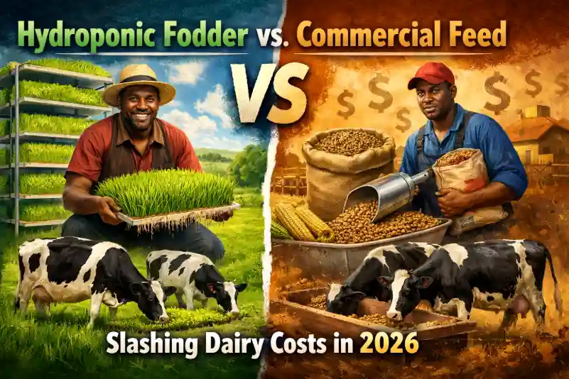 Infographic comparing hydroponic fodder versus commercial feed for dairy cows, illustrating potential cost savings for Kenyan farmers.