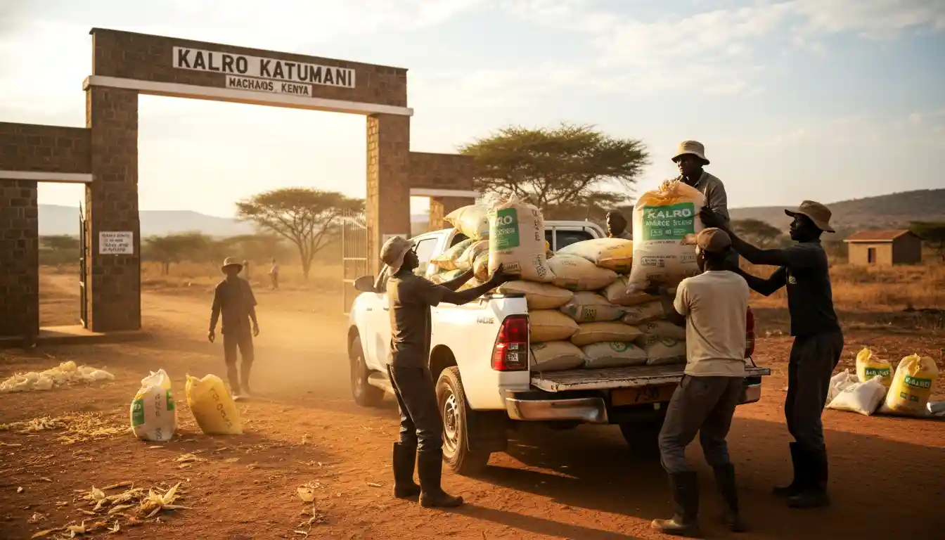 A pickup truck being loaded with bags of certified maize seeds at the KALRO Katumani center entrance