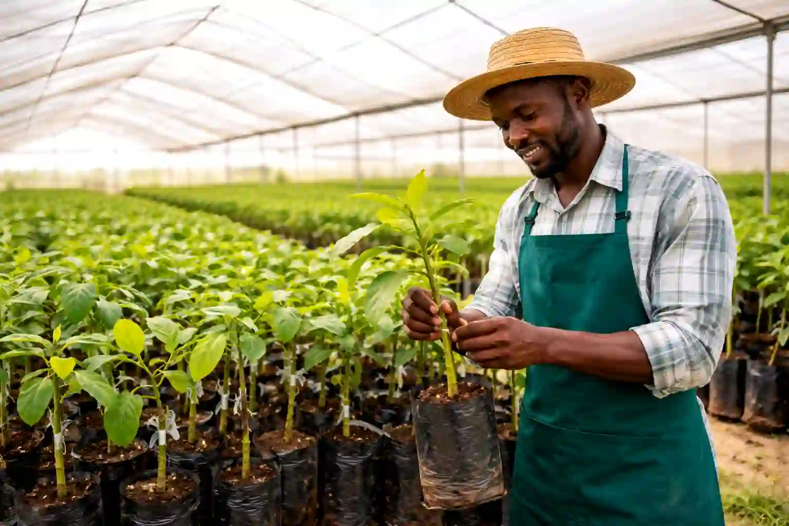 kenyan A farmer inspecting healthy grafted Hass avocado seedlings inside a Kakuzi nursery greenhouse
