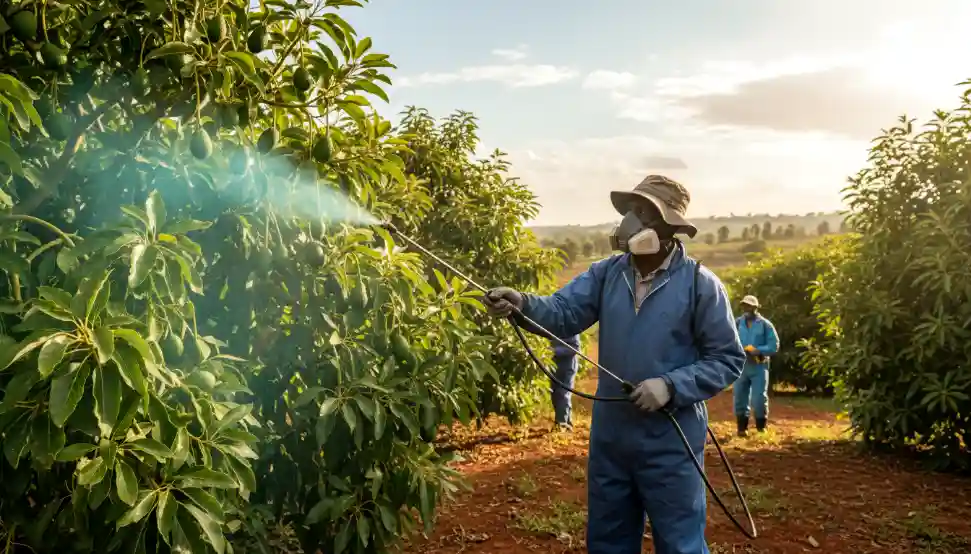 Top 10 Hass Avocado Diseases in Kenya: Causes, Symptoms & Treatment Guide (2026) 14 Application of copper fungicide spray on mature avocado canopy