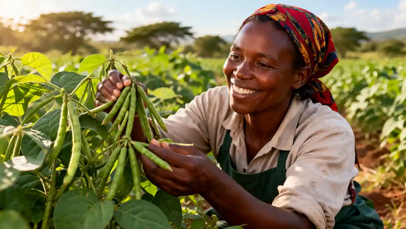 Beyond Maize: 7 Drought-Resistant "Smart Crops" to Plant This Season 2 A smiling Kenyan farmer inspecting healthy green gram pods in a sunlit field in Machakos.