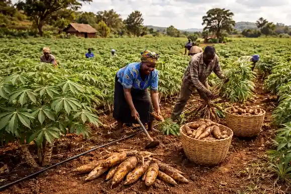 Beyond Maize: 7 Drought-Resistant "Smart Crops" to Plant This Season 4 Agricultural workers harvest cassava roots in a lush green field, filling large woven baskets under a cloudy sky.