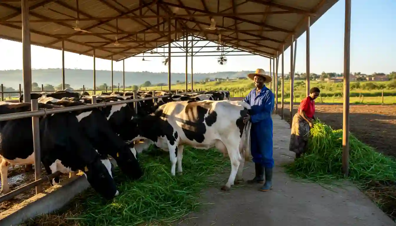 A farmer inspecting healthy dairy cows eating Napier grass inside a well-ventilated zero-grazing unit