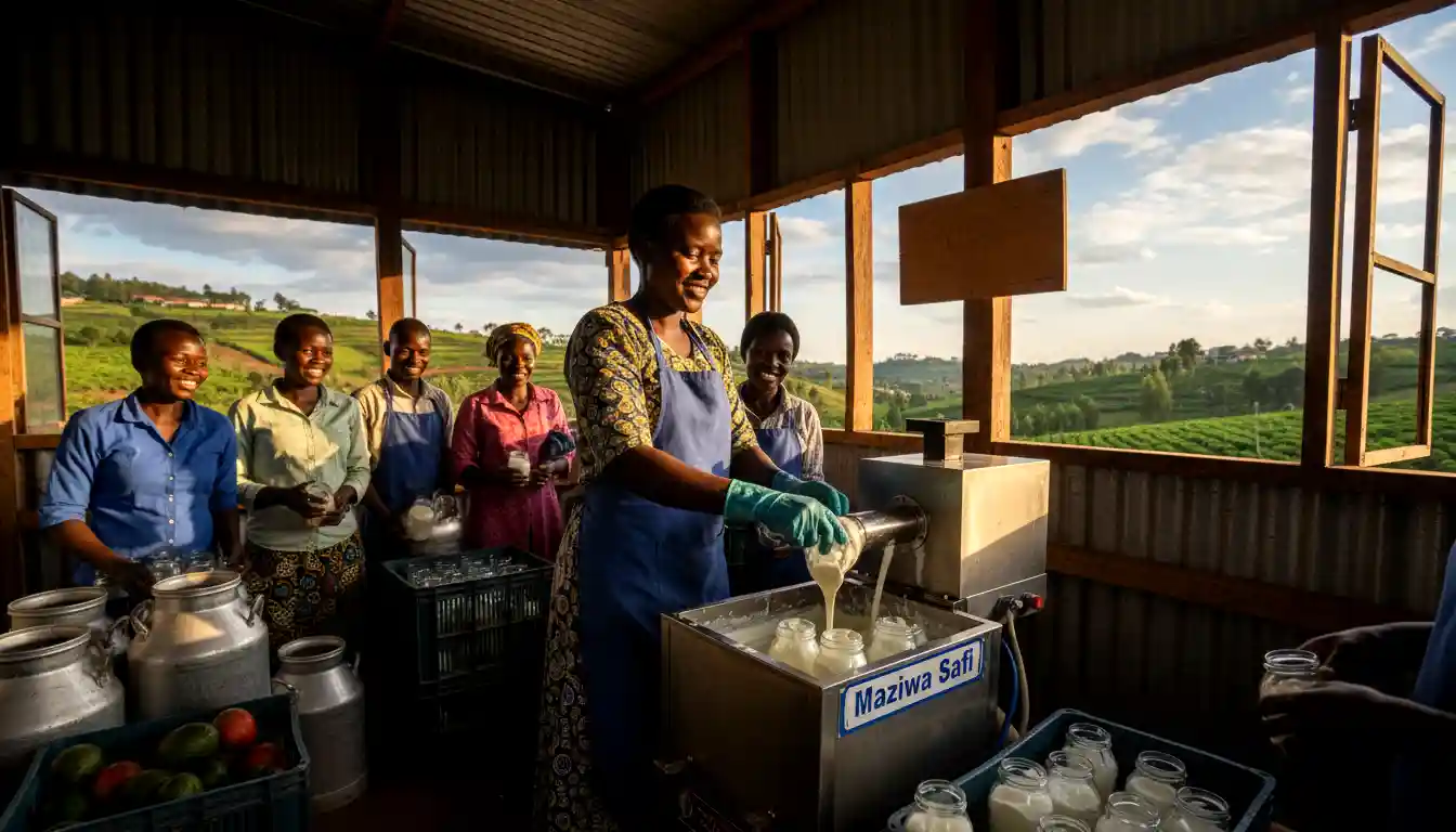 A farmer operating a small scale milk processing machine producing fresh yogurt in Kiambu.