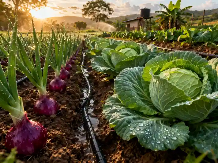Lush rows of red onions and water-beaded cabbages grow in a field at sunrise, with a sprinkler system and farm building in the background.