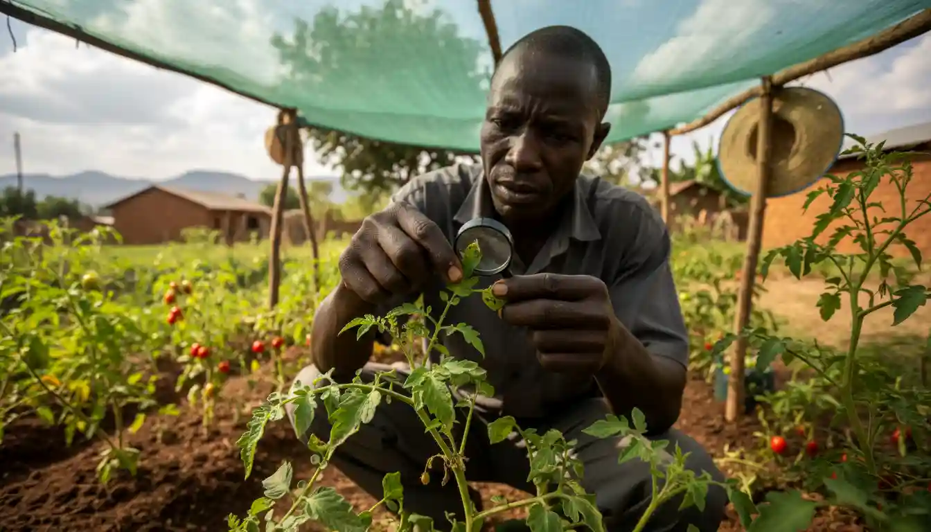 A farmer examining a tomato leaf showing signs of pest damage under a small backyard shade net in Machakos