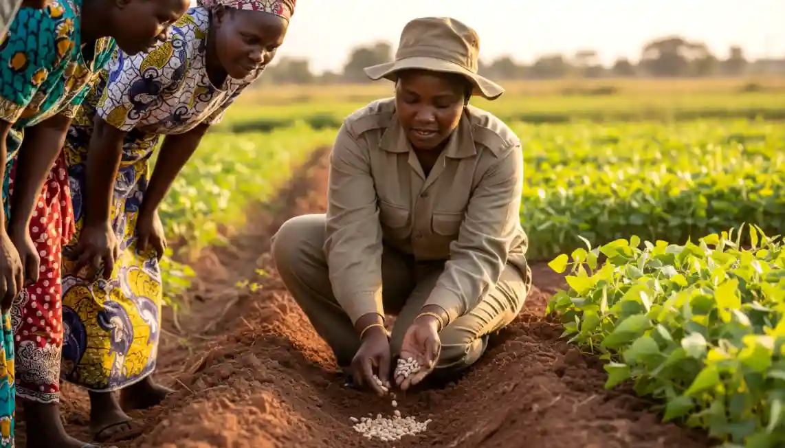 Beyond Maize: 7 Drought-Resistant "Smart Crops" to Plant This Season 5 A female agricultural extension officer demonstrating how to plant certified bean seeds in Makueni.