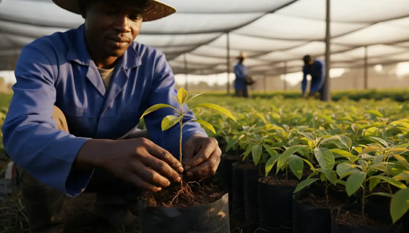 Top 10 Hass Avocado Diseases in Kenya: Causes, Symptoms & Treatment Guide (2026) 2 Close-up of a farmer checking a grafted avocado seedling for signs of root rot
