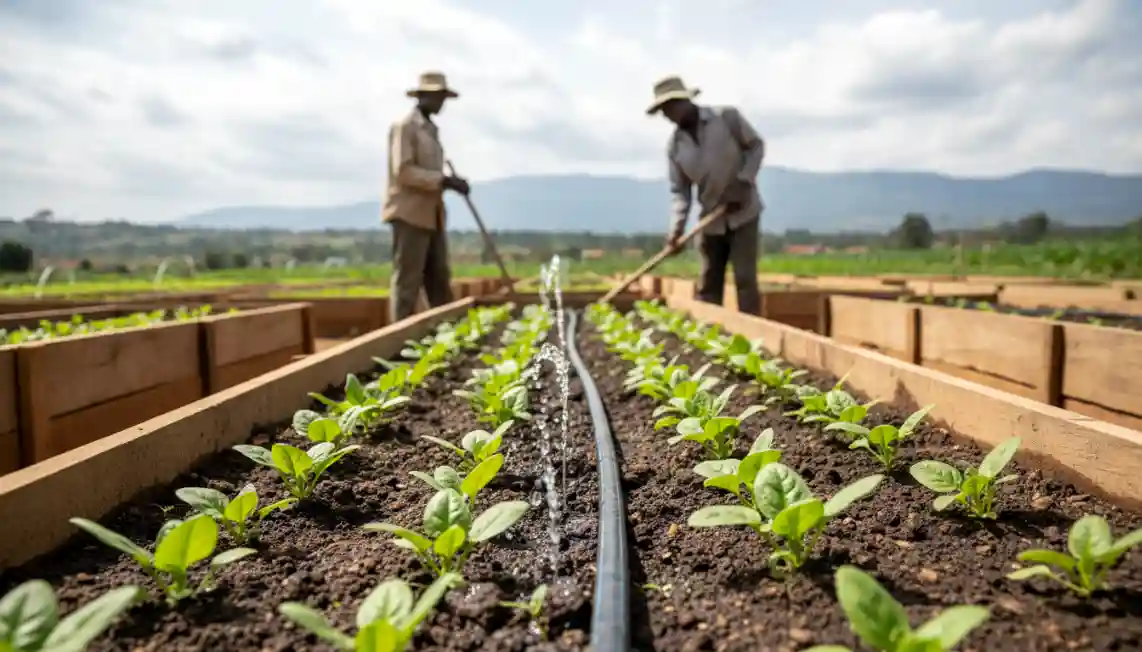 Close up of a drip irrigation pipe watering young spinach plants in a raised wooden bed in Kiambu
