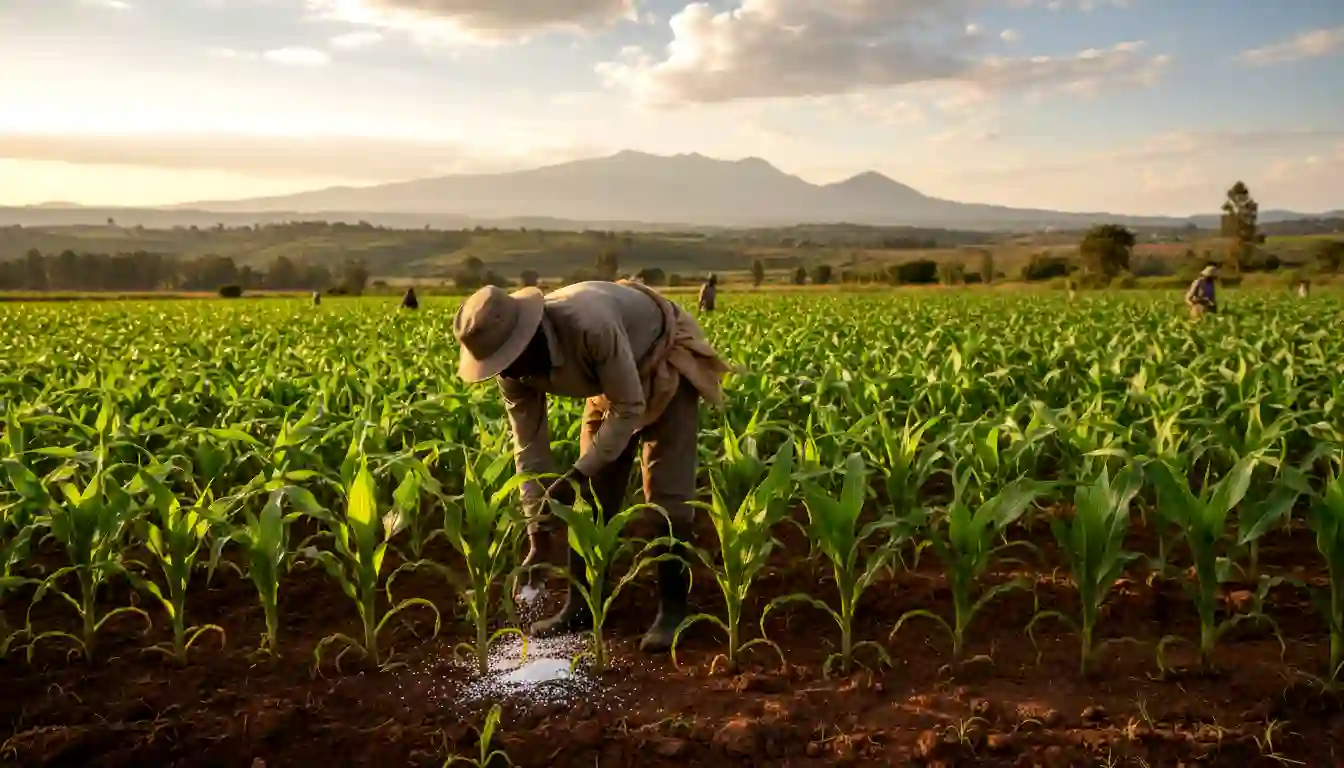 A farm worker carefully applying white top-dressing fertilizer at the base of knee-high maize stalks