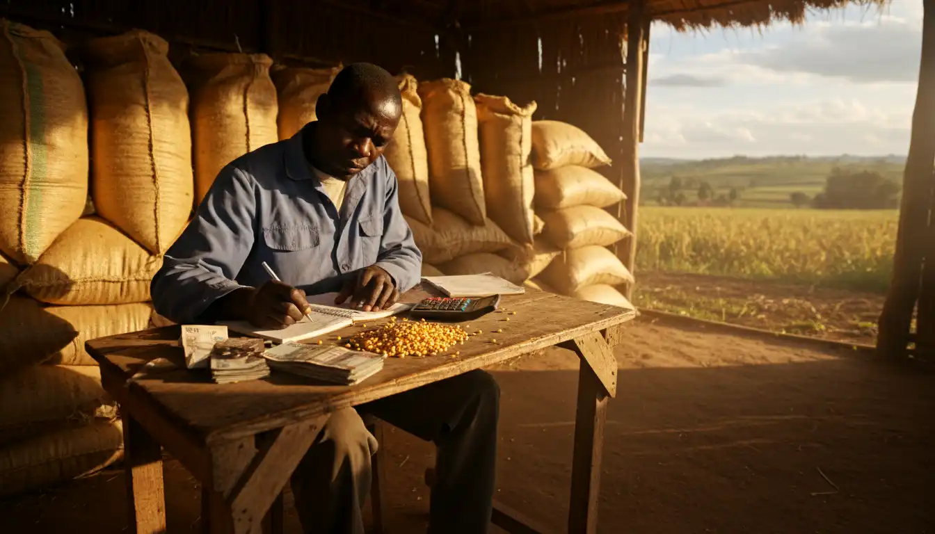 A farmer sitting at a wooden table calculating profits on a notepad with KES shillings and a calculator
