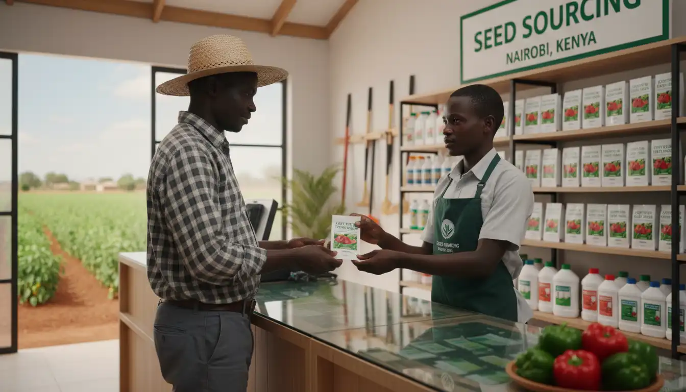 A farmer purchasing certified capsicum seed packets from a modern agrovet attendant