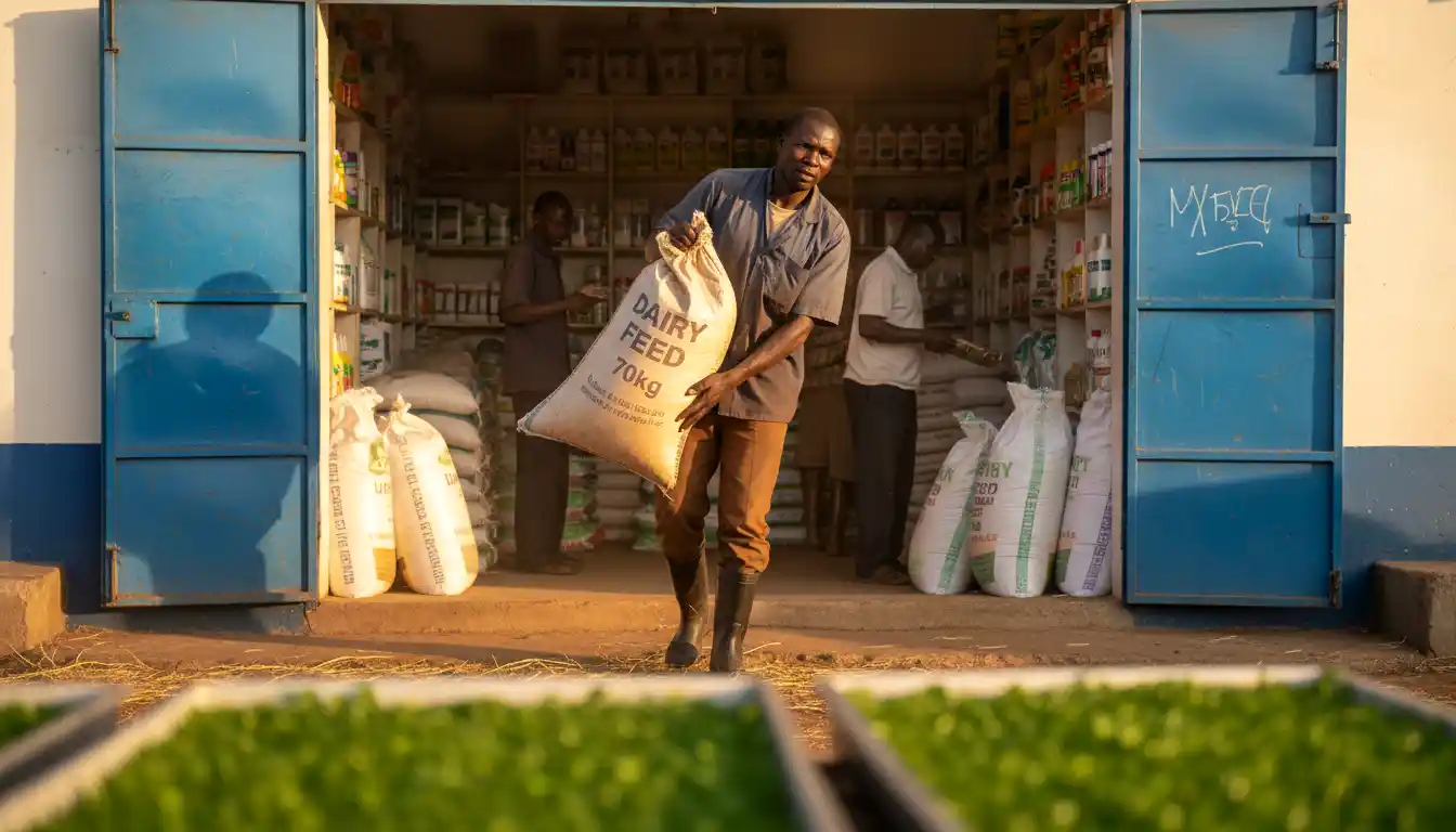 A farmer carrying a 70kg bag of dairy feed out of a brightly lit agrovet shop in Eldoret