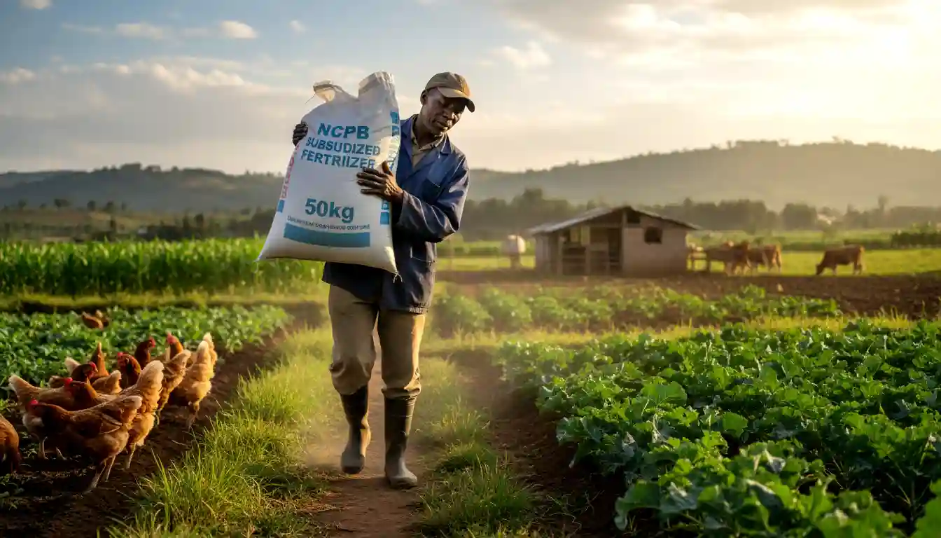 A farmer carrying a 50kg bag of subsidized fertilizer purchased from a local NCPB depot