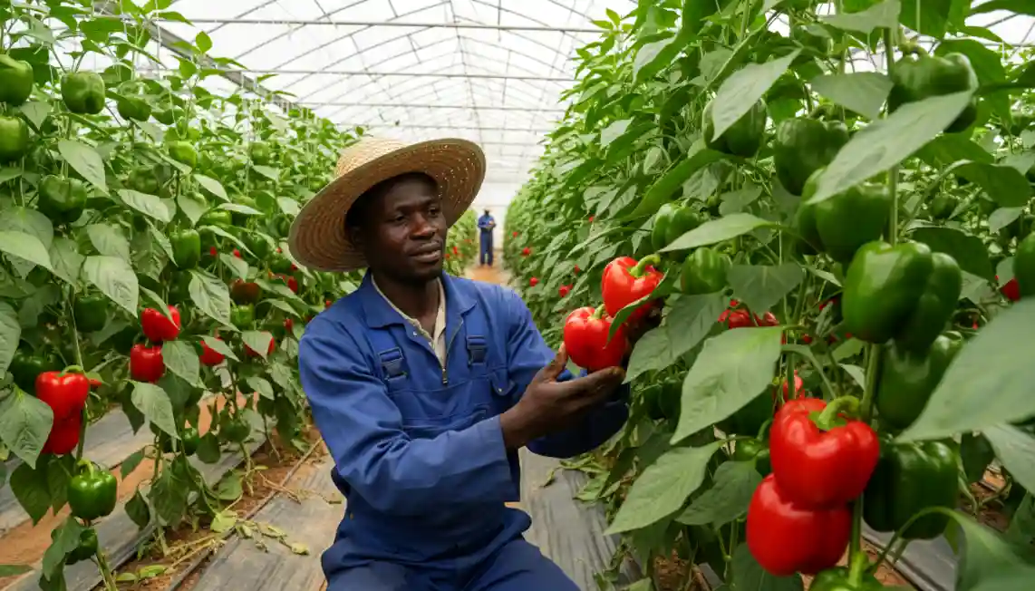 A farmer inspecting green and red capsicums on healthy plants inside a well-lit greenhouse