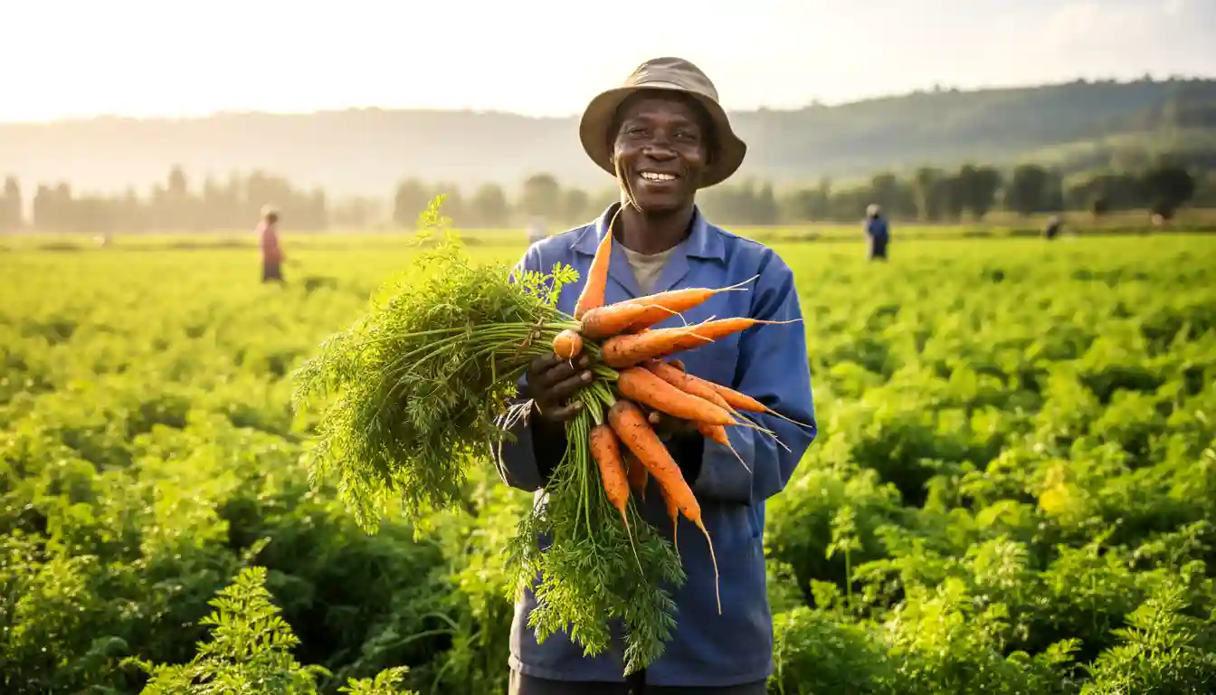 A farmer holding a bunch of freshly harvested Carrots