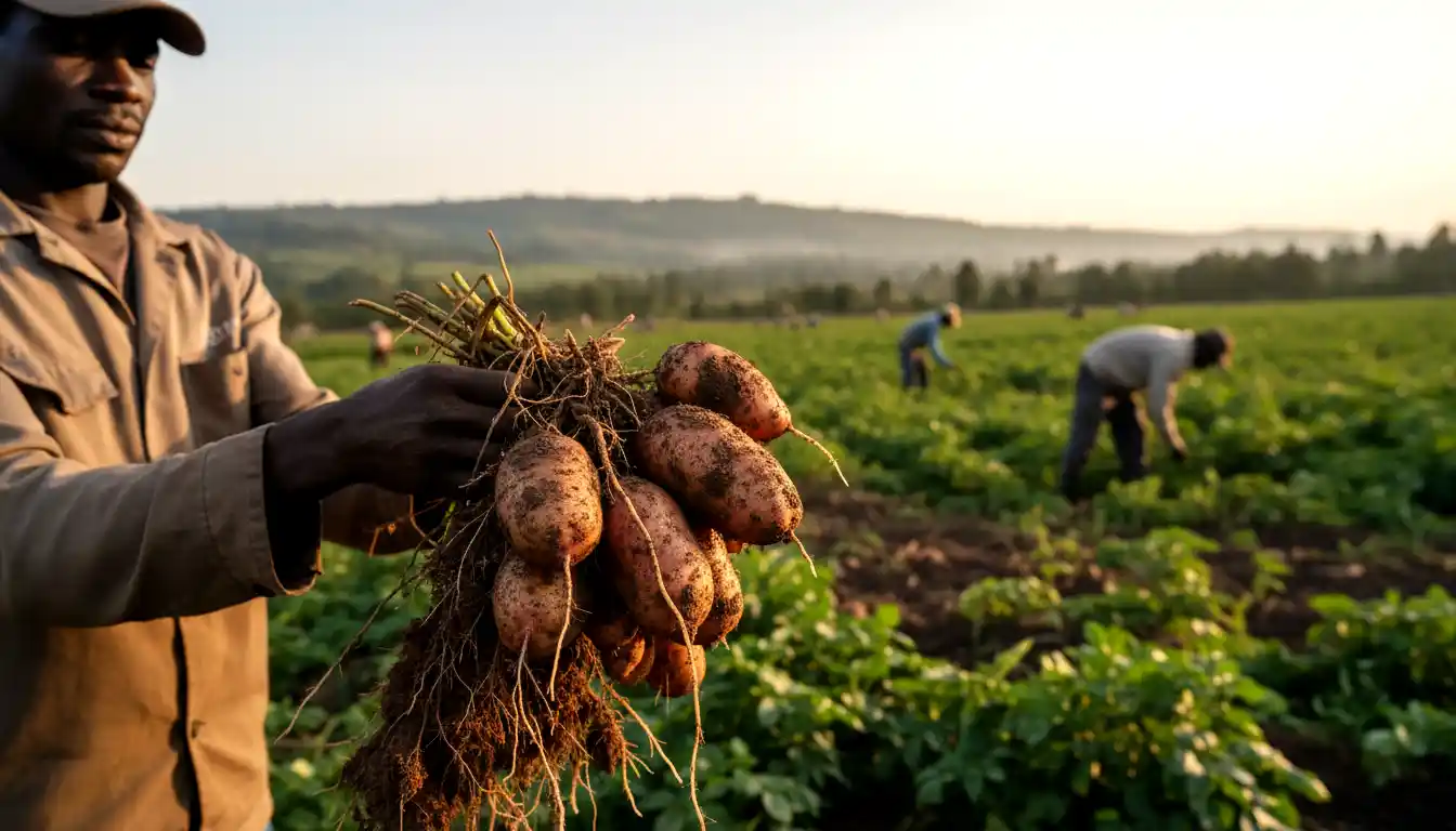 A close up of a farmer holding a cluster of freshly harvested Clone IG-70 potatoes from rich dark soil in Tigoni.