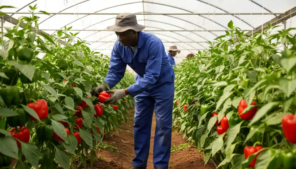 An agricultural worker in blue overalls harvesting ripe red bell peppers inside a modern greenhouse.