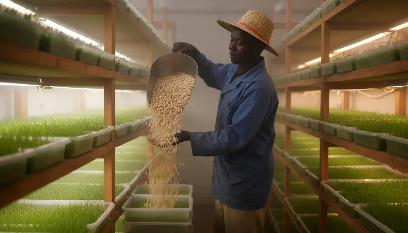 A Kenyan farmer pouring seeds into a tray at an indoor hydroponic vertical farm.
